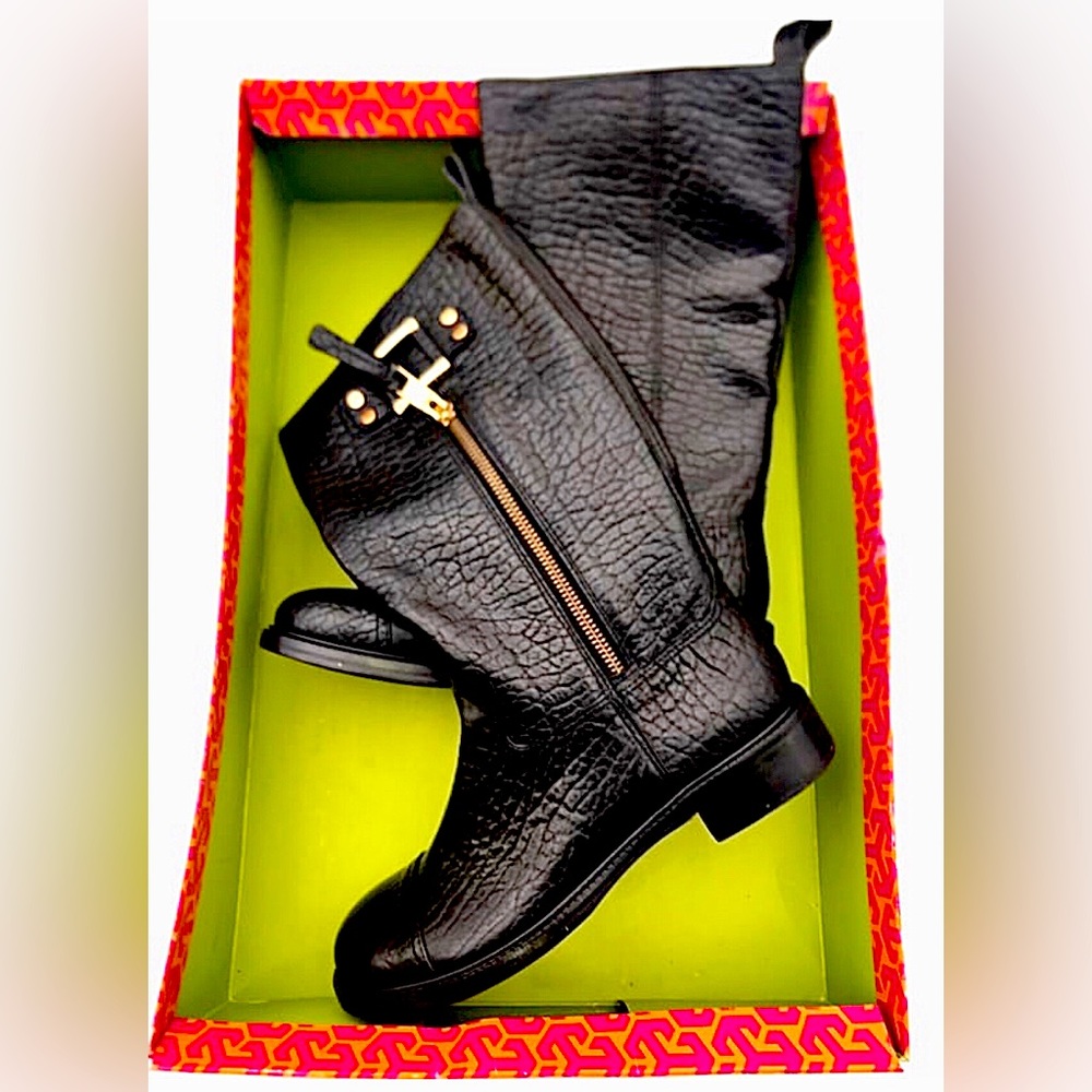 Women's 8 Black Pebbled Leather TORY BURCH STOWE Riding Boots